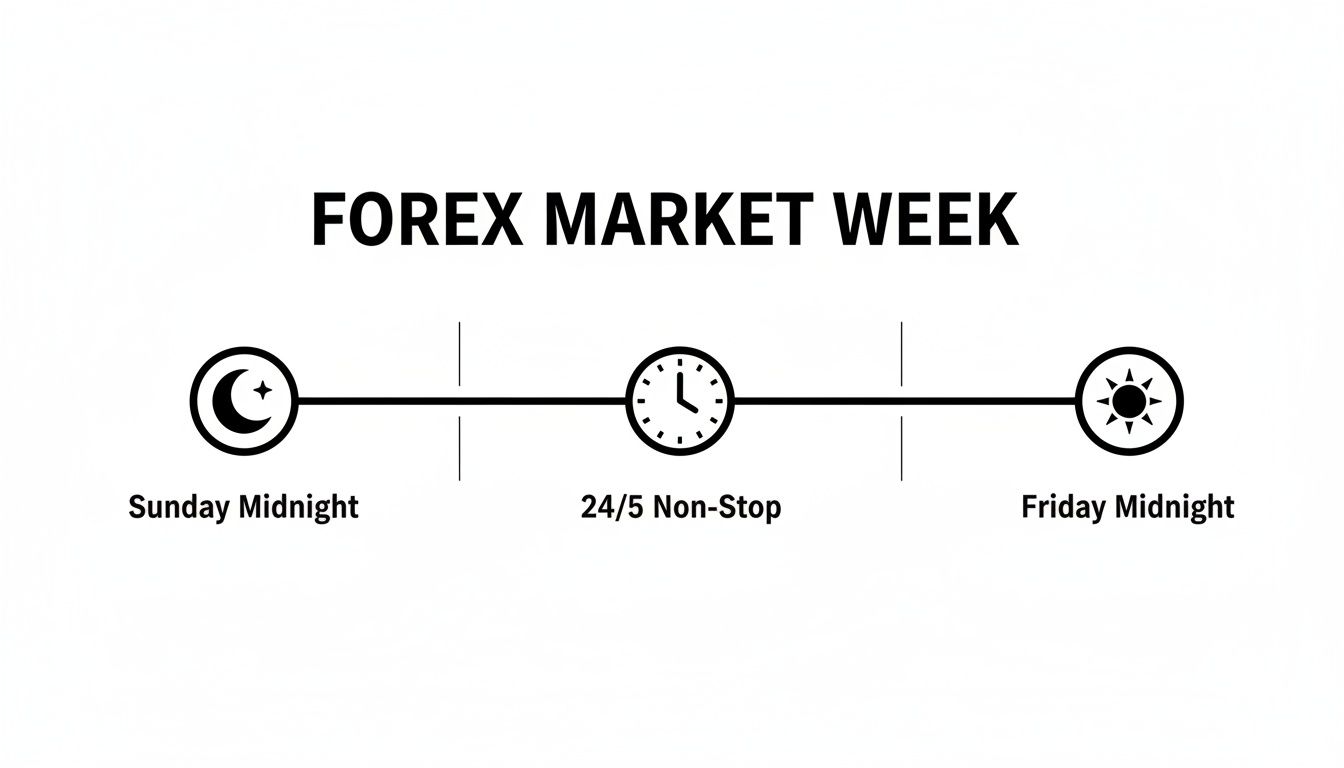 Infographic illustrating the Forex market week, showing 24/5 non-stop trading from Sunday midnight to Friday midnight.