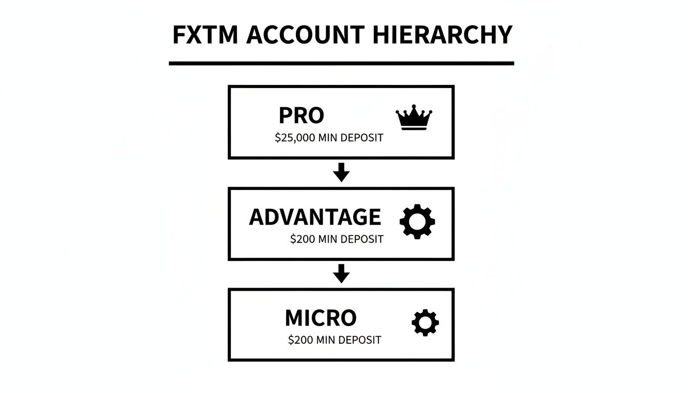 FXTM account hierarchy diagram displaying Pro, Advantage, and Micro levels with minimum deposit amounts.