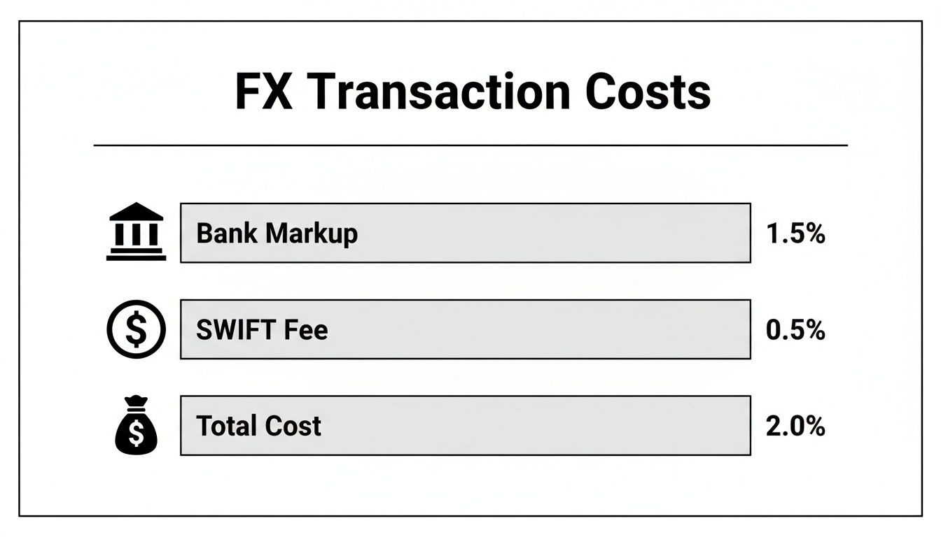 A chart detailing foreign exchange transaction costs, including bank markup, SWIFT fee, and total.