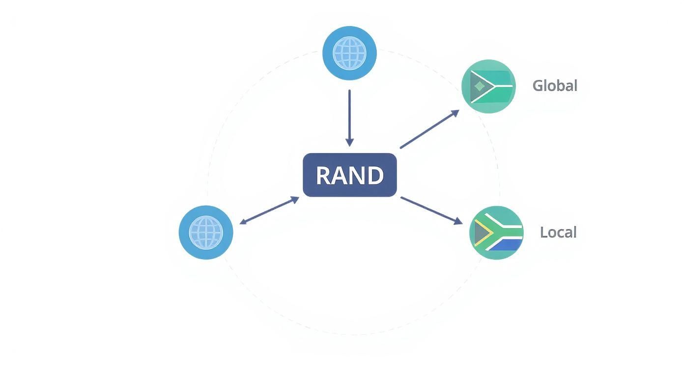 Diagram showing the South African Rand currency and its connections to global and local markets.