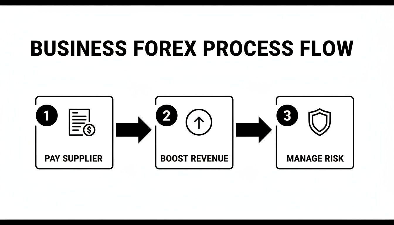 A business forex process flow diagram showing three steps: pay supplier, boost revenue, and manage risk.