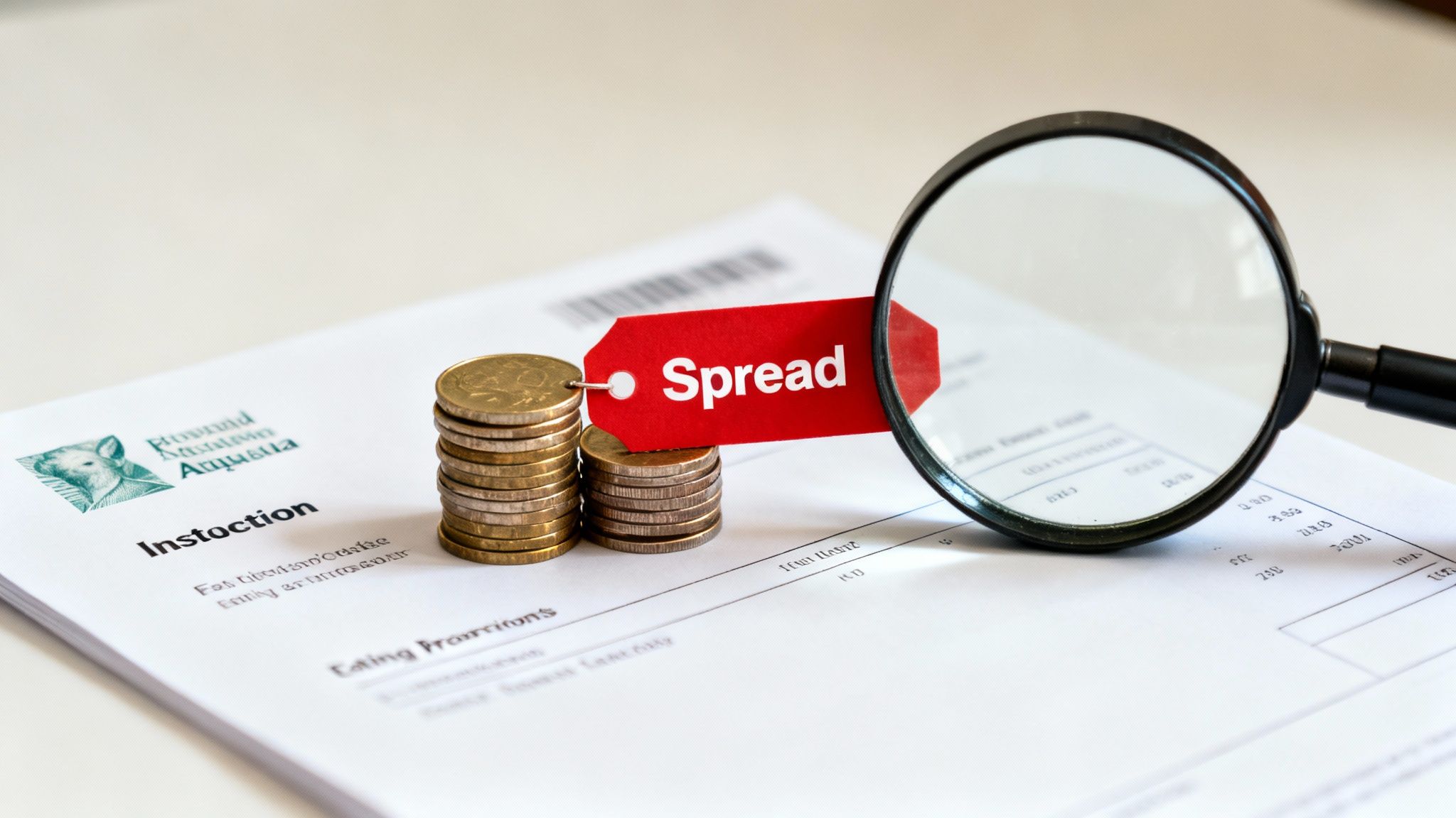 A magnifying glass, stacks of coins, and a 'Spread' tag on documents, symbolizing financial analysis.
