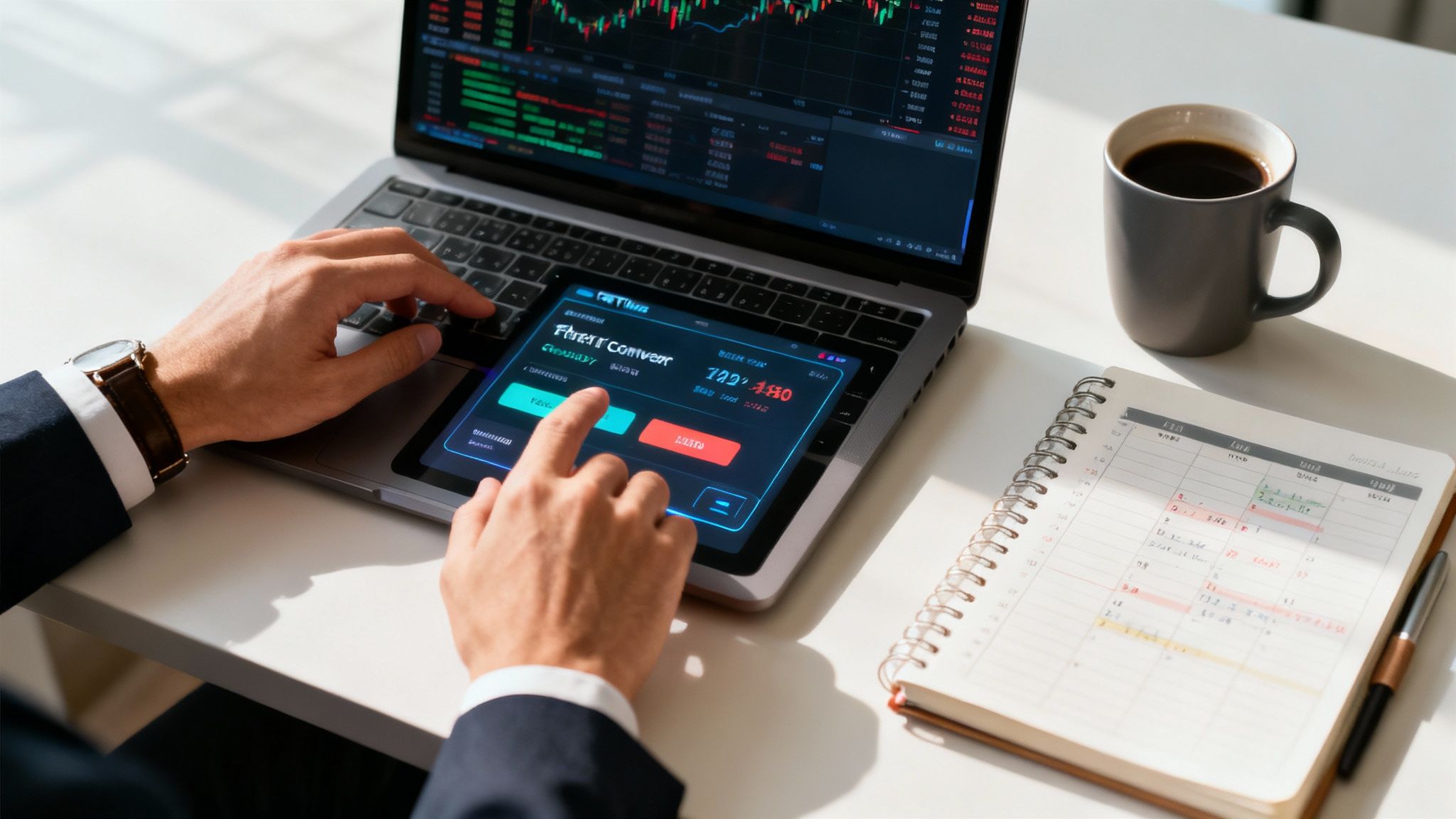 A trader's desk setup with multiple monitors displaying forex charts, a calendar, and a prominent time zone converter.
