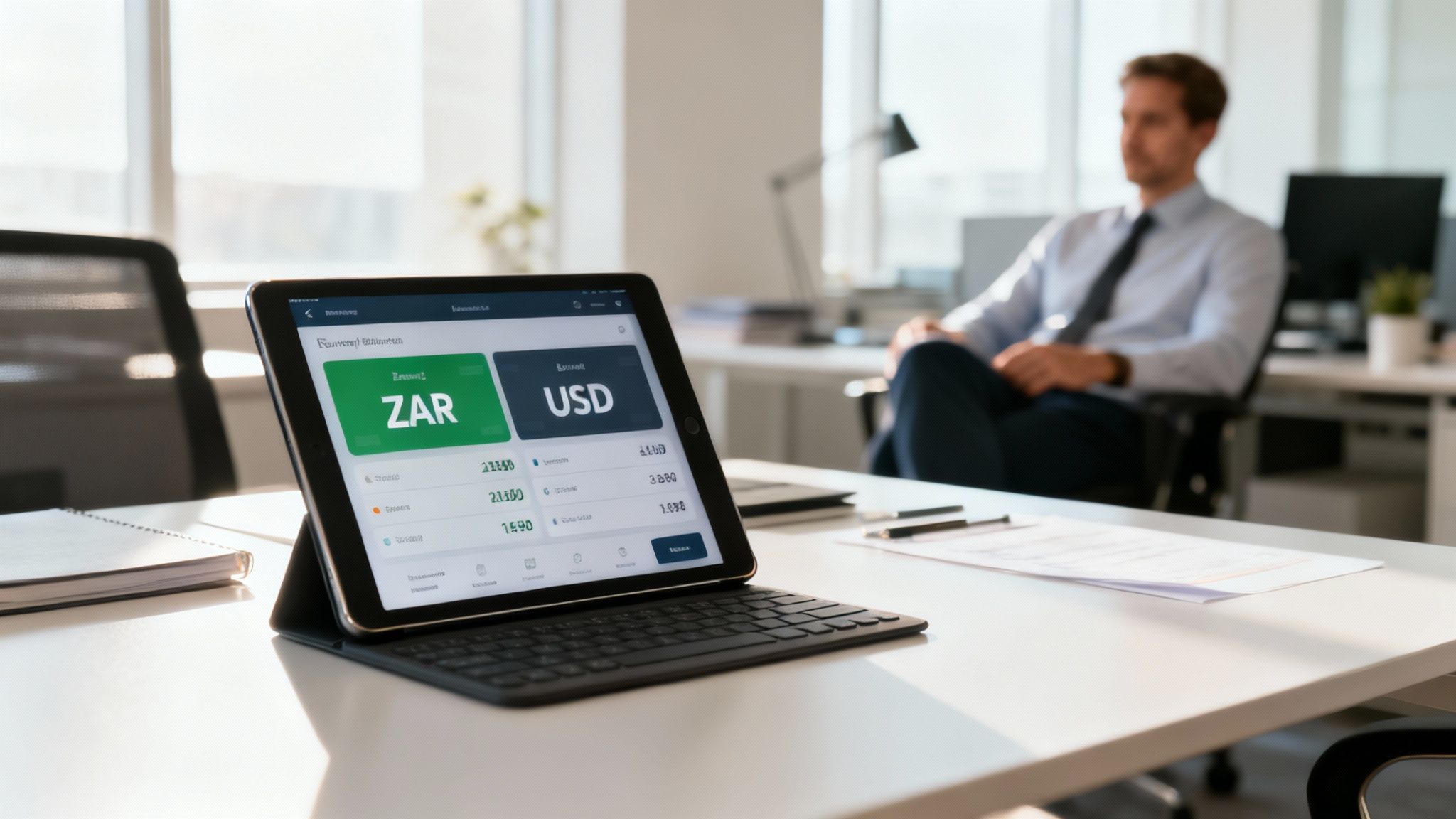 A tablet on an office desk displays a currency exchange app showing ZAR and USD rates.