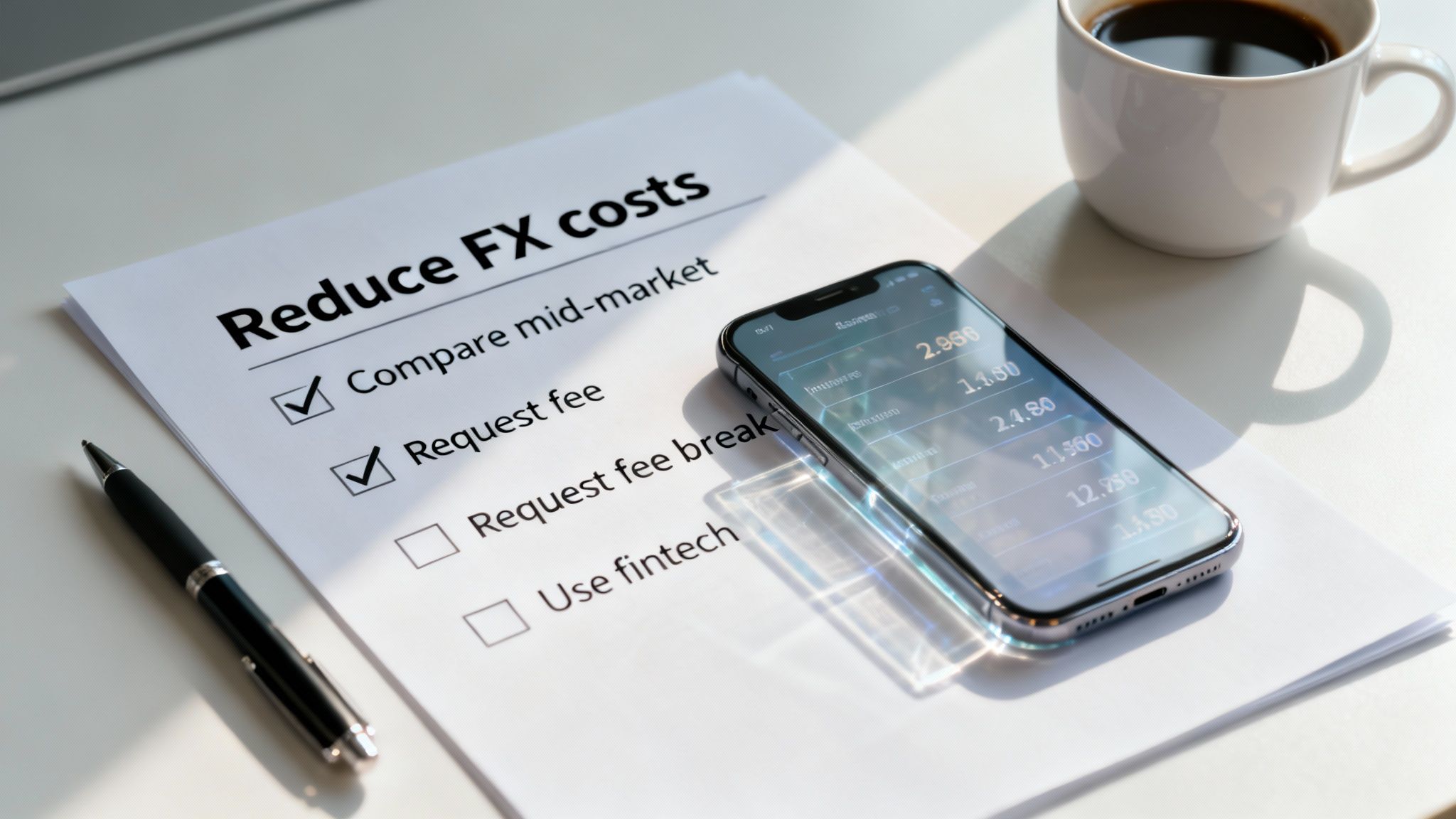 A checklist titled 'Reduce FX costs' with a smartphone showing financial data, a pen, and coffee.