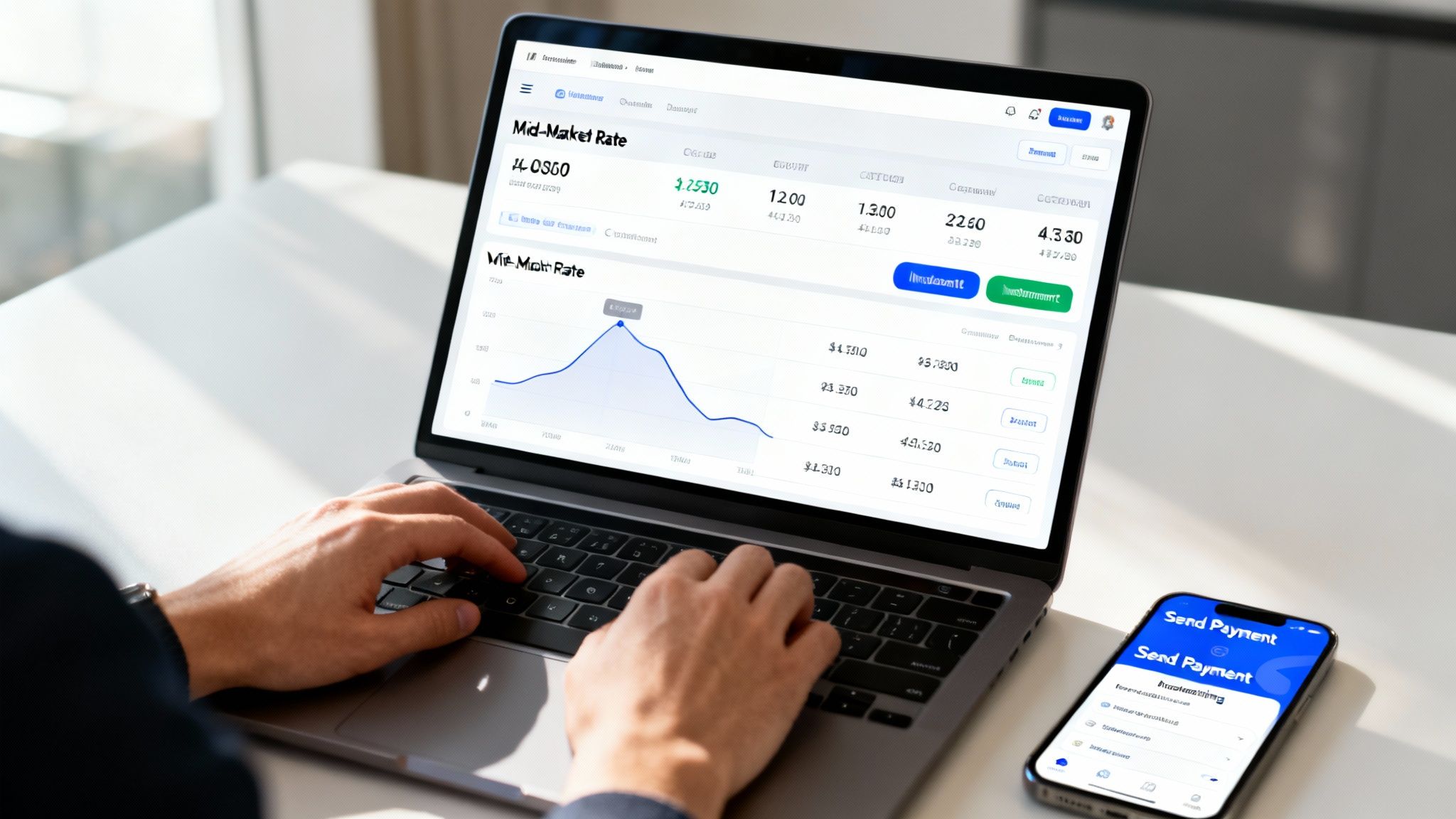 Person typing on a laptop displaying mid-market rates and a smartphone showing send payment.