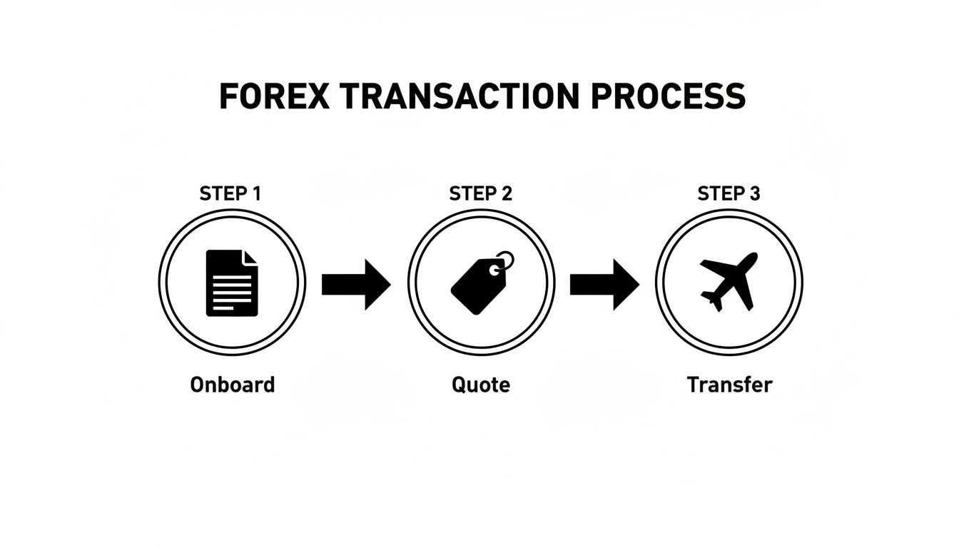 Infographic illustrating the sequential Forex transaction process: Onboard, Quote, and Transfer.