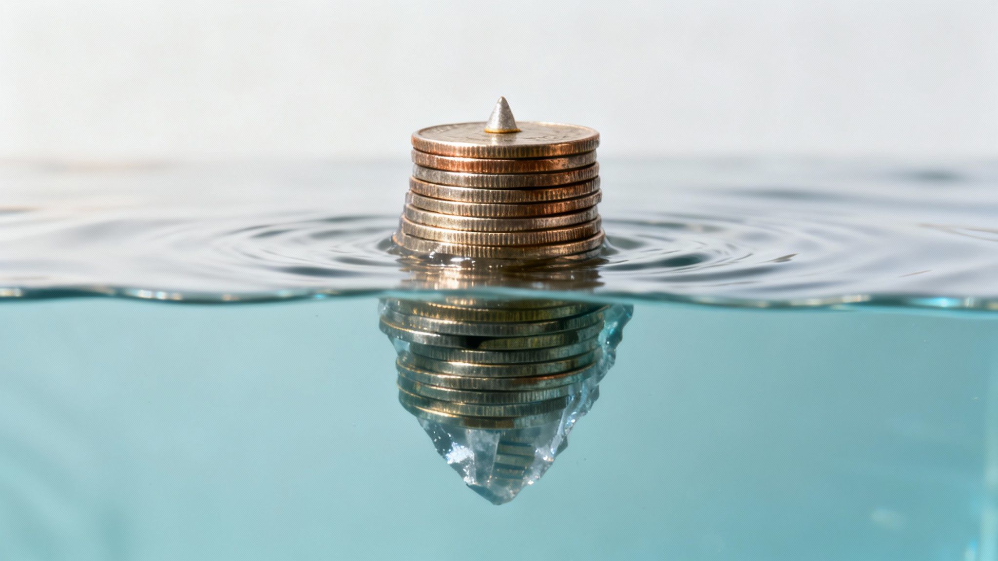 A stack of golden coins partially submerged in clear water, with ripples and a small cone on top.