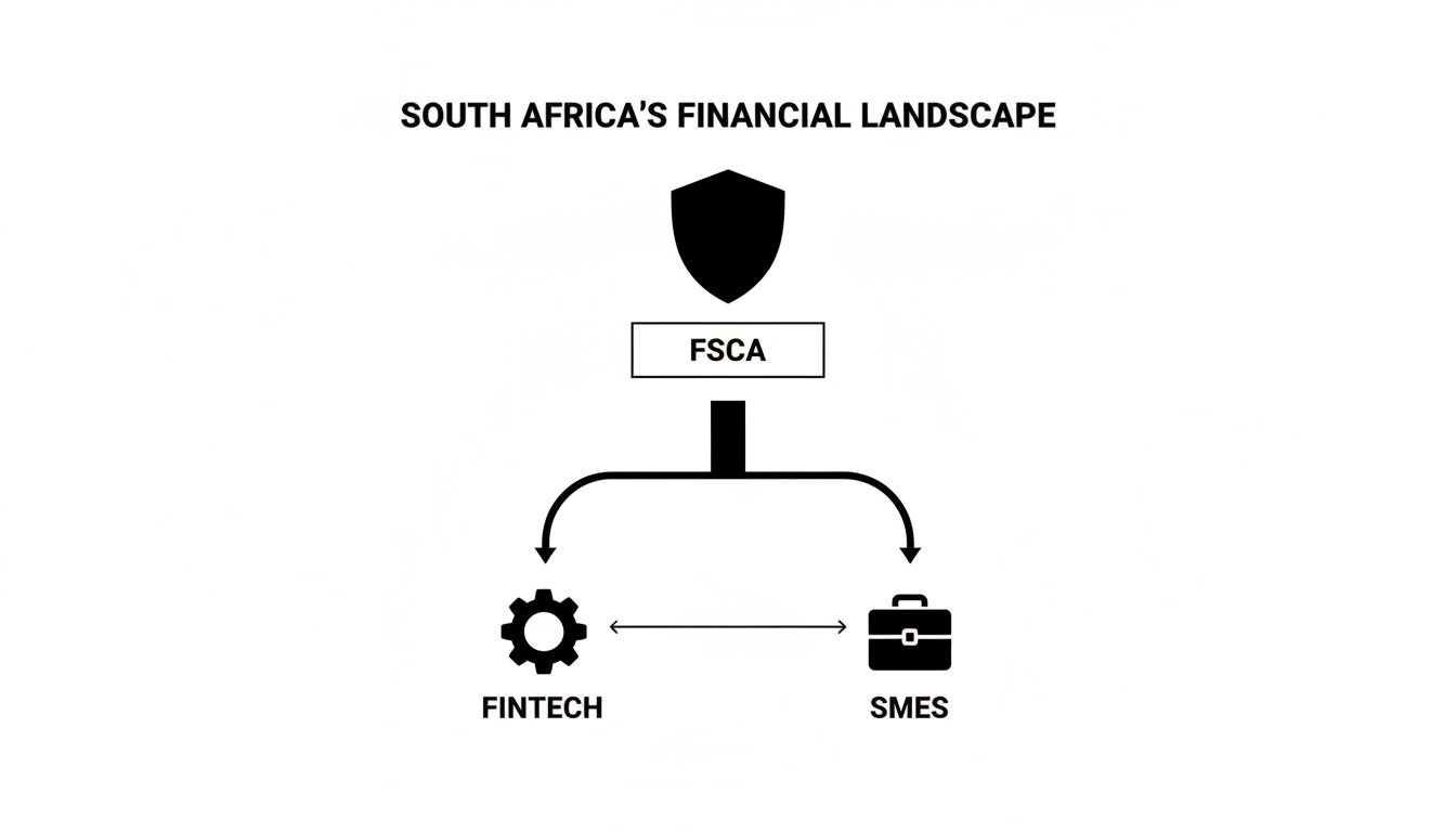 Diagram showing South Africa's financial landscape with FSCA regulating Fintech and SMEs.