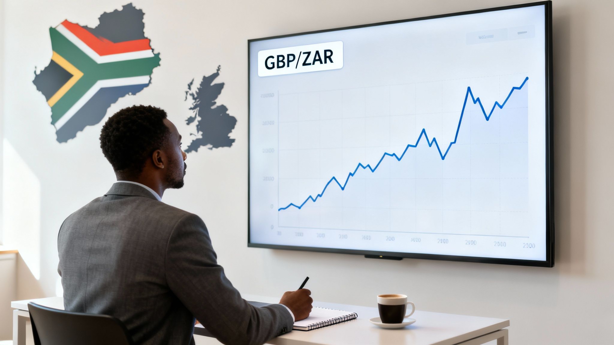 Man monitors GBP/ZAR currency exchange rate graph on a large screen, with maps of South Africa and UK.