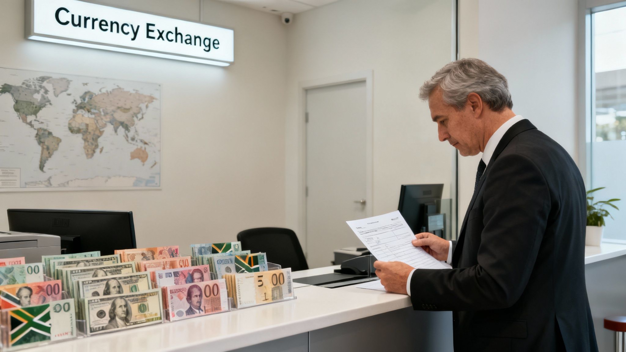 Man in a suit at a currency exchange counter reviewing documents with international banknotes.