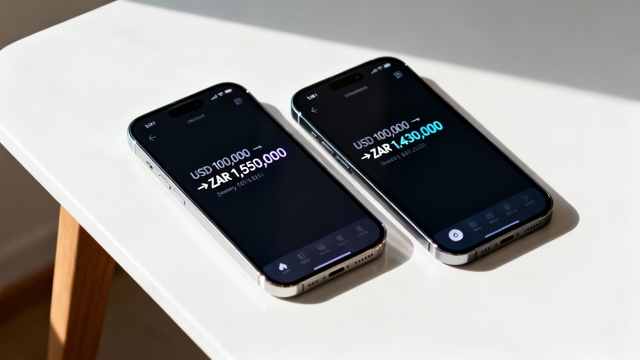 Two iPhones on a white table display different currency exchange rates from USD to South African Rand.