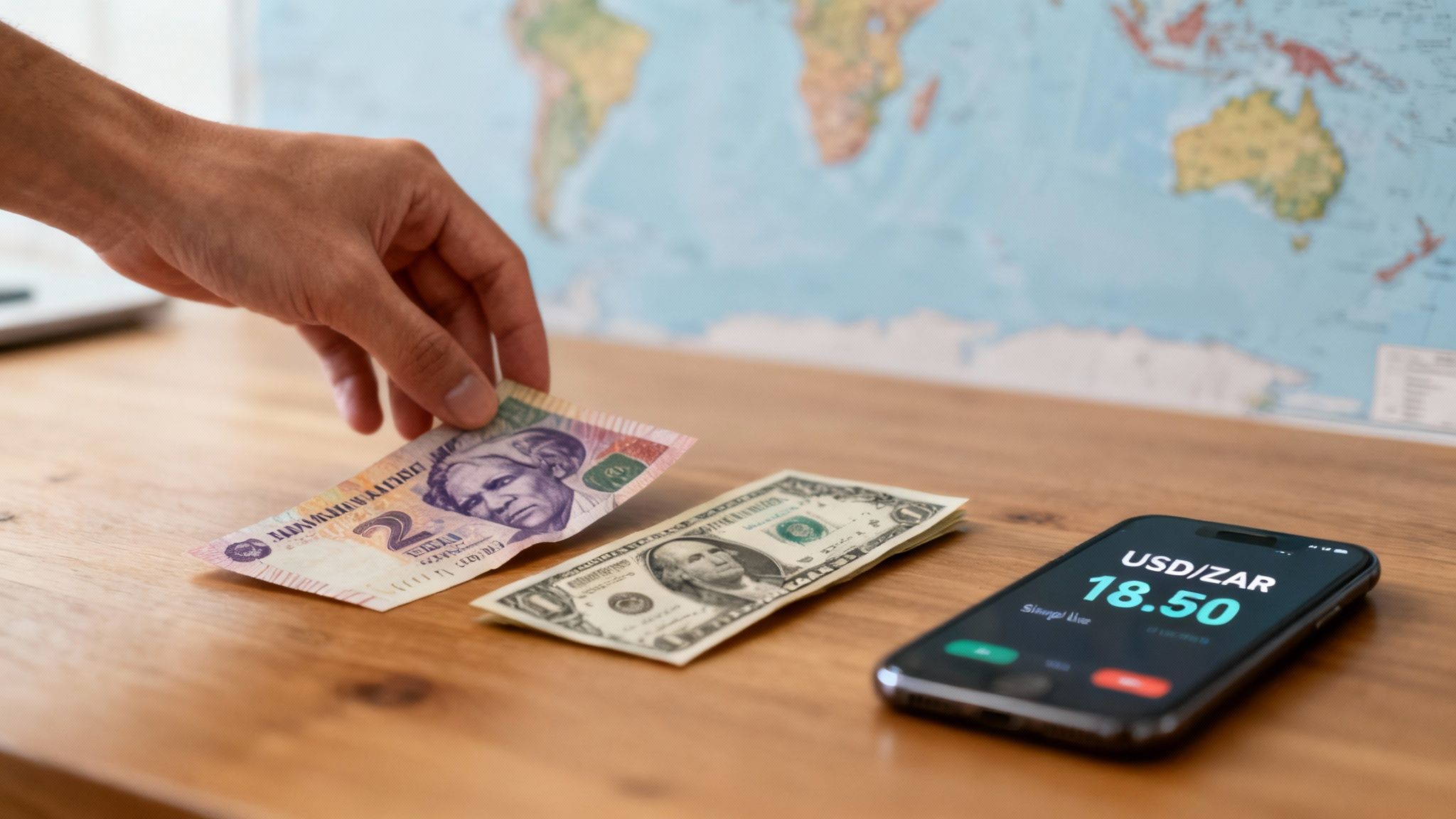 A pile of US dollar bills mixed with South African rand banknotes, symbolizing the currency exchange process.