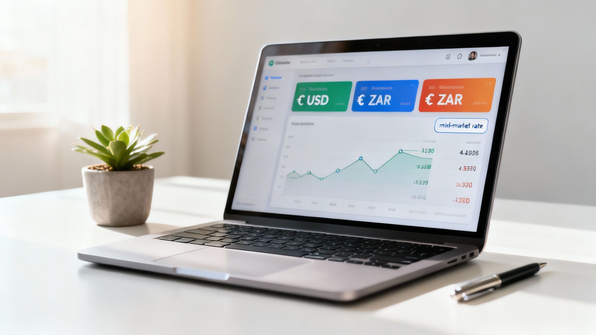 A laptop displaying a financial dashboard with currency exchange rates and graphs on a white desk with a plant and pen.