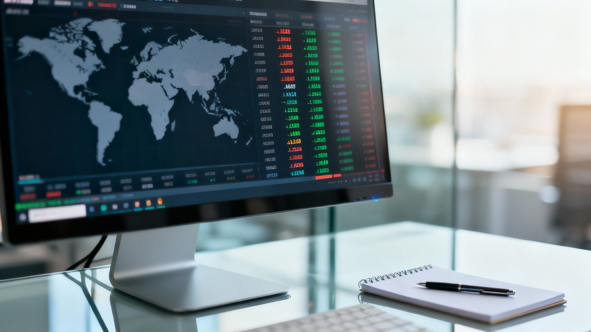 A graphic showing interconnected nodes representing the global interbank market, with currency symbols flowing between them.