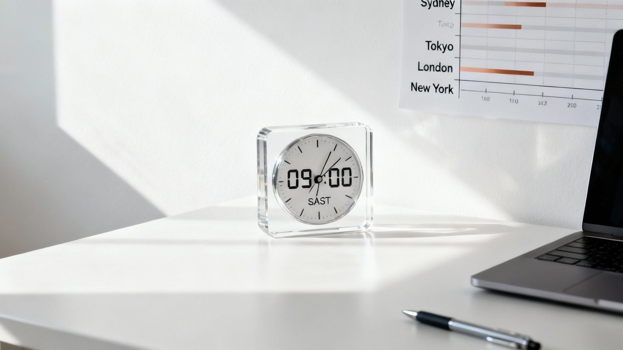 A minimalist white desk with a transparent clock showing 09:00 SAST, a laptop, and a pen.