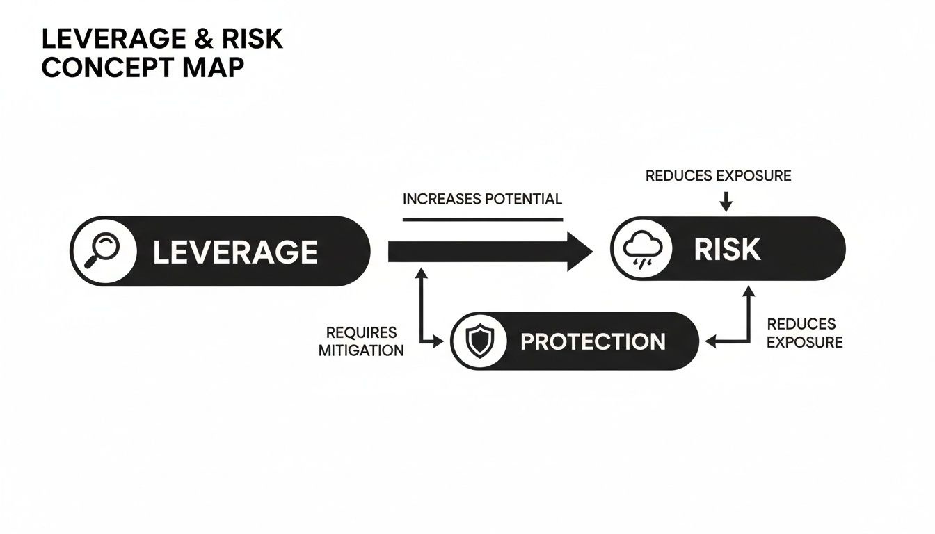 A concept map illustrating the interplay of leverage, risk, and protection, showing their cyclical relationships.