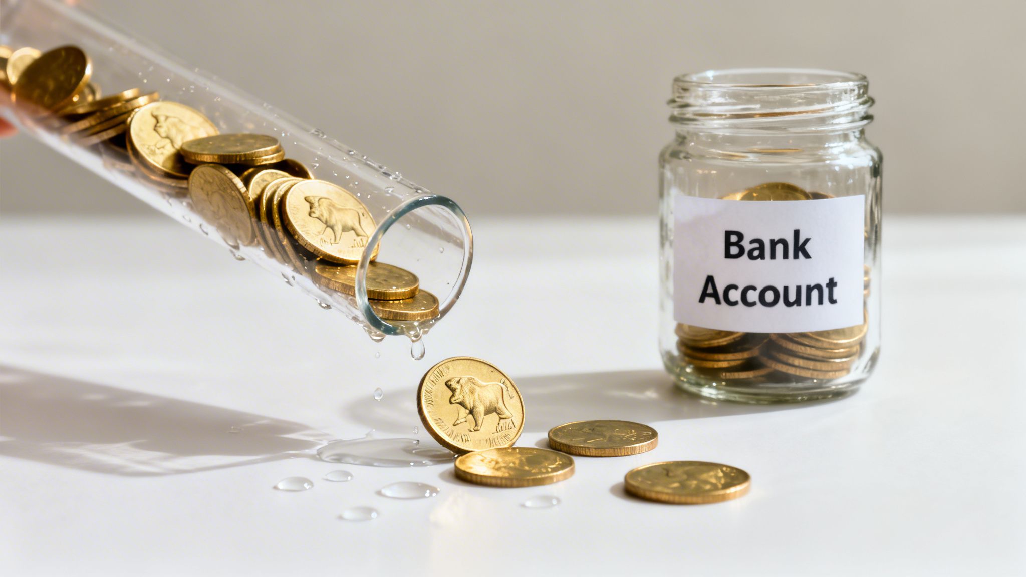Gold coins spill from a test tube into a puddle of water, next to a 'Bank Account' jar.