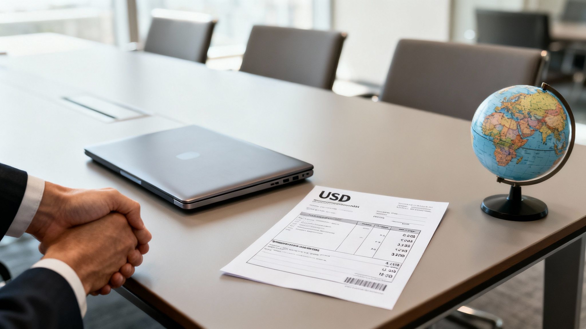 A businessman sits at a conference table with a laptop, a USD document, and a globe.