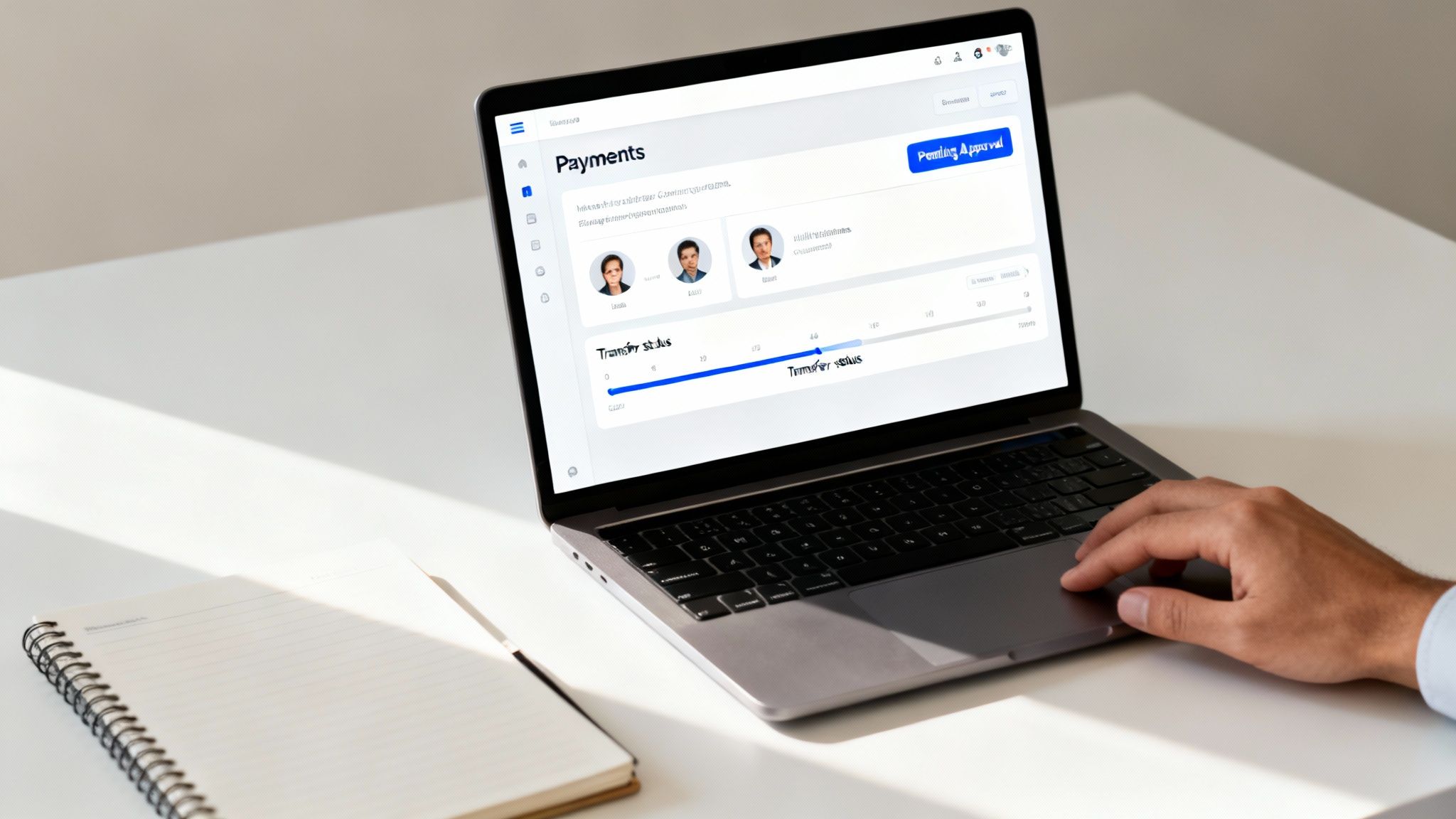 A person's hand on a laptop showing a digital payments interface with transfer status and user profiles, next to a notebook.