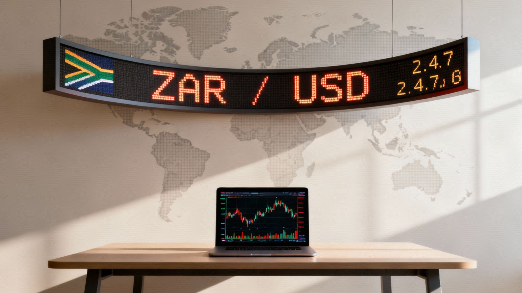 South African Rand to US Dollar exchange rate on a digital display, with a laptop showing market trends.