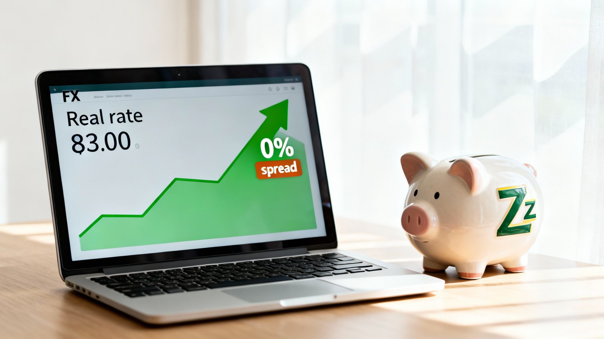A laptop shows an FX real rate chart with an upward trend and a piggy bank.