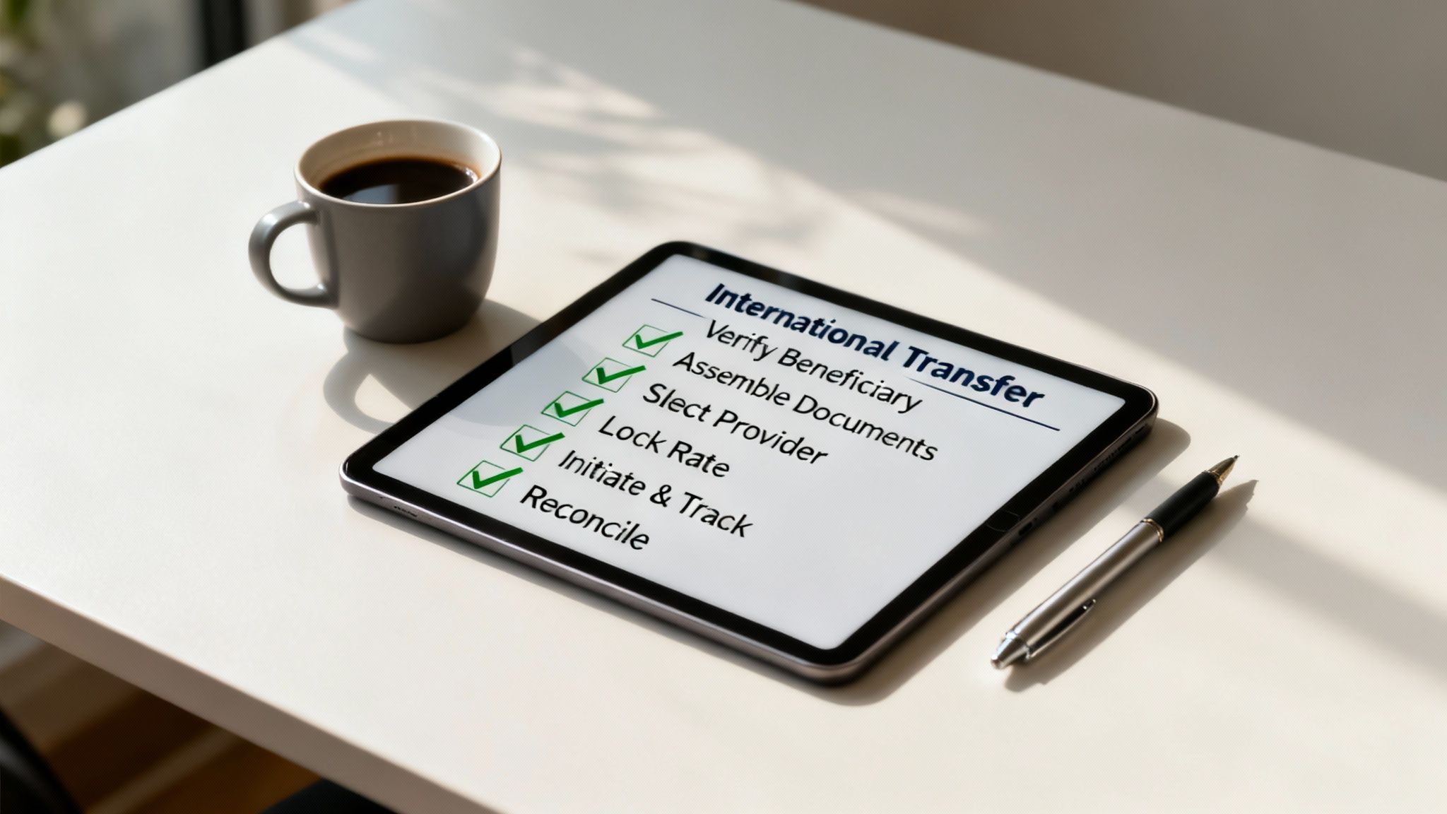 A tablet on a white desk displays a completed 'International Transfer' checklist next to a coffee cup and pen.
