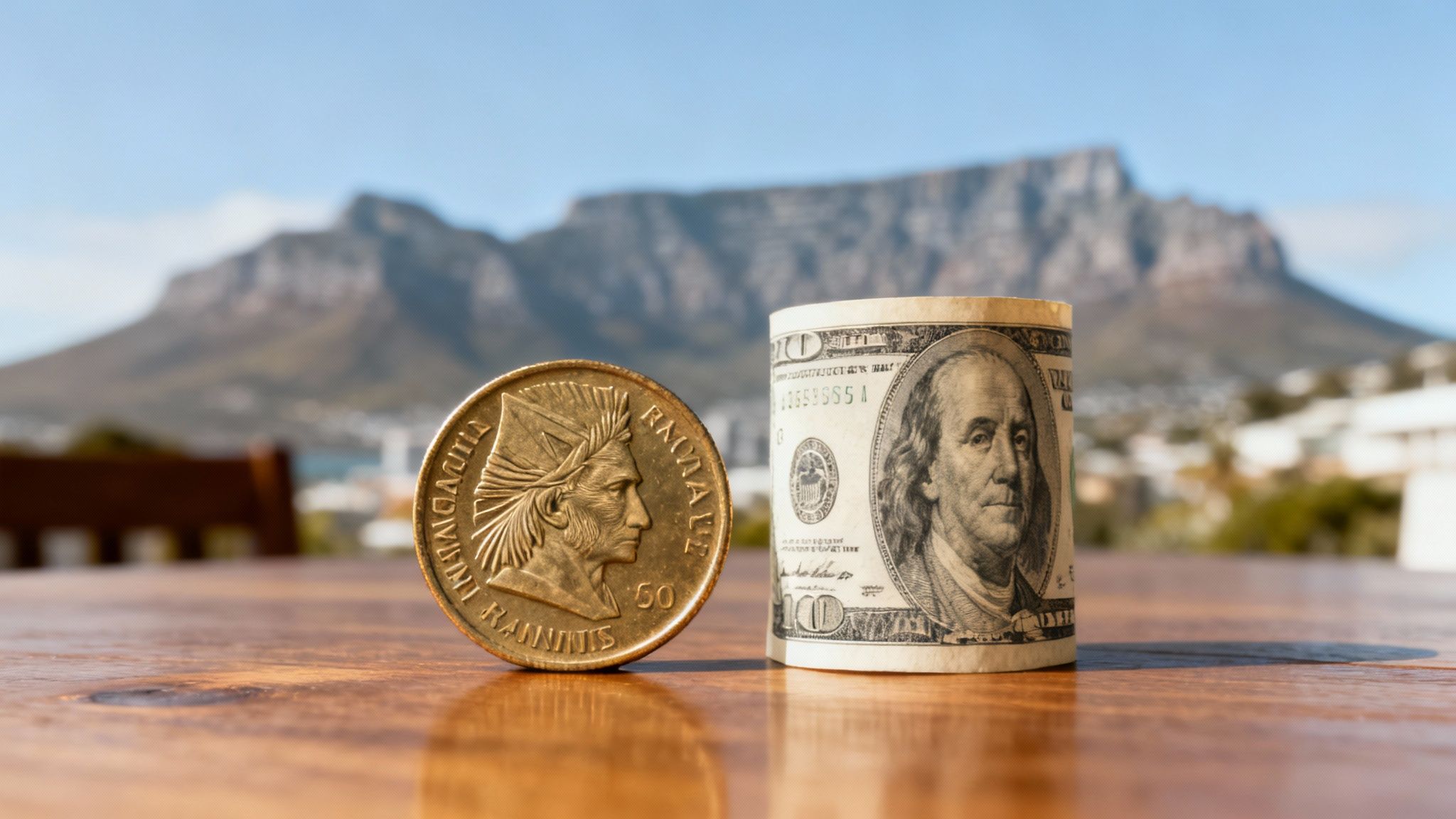 South African flag and US Dollar representing the USD/ZAR currency pair