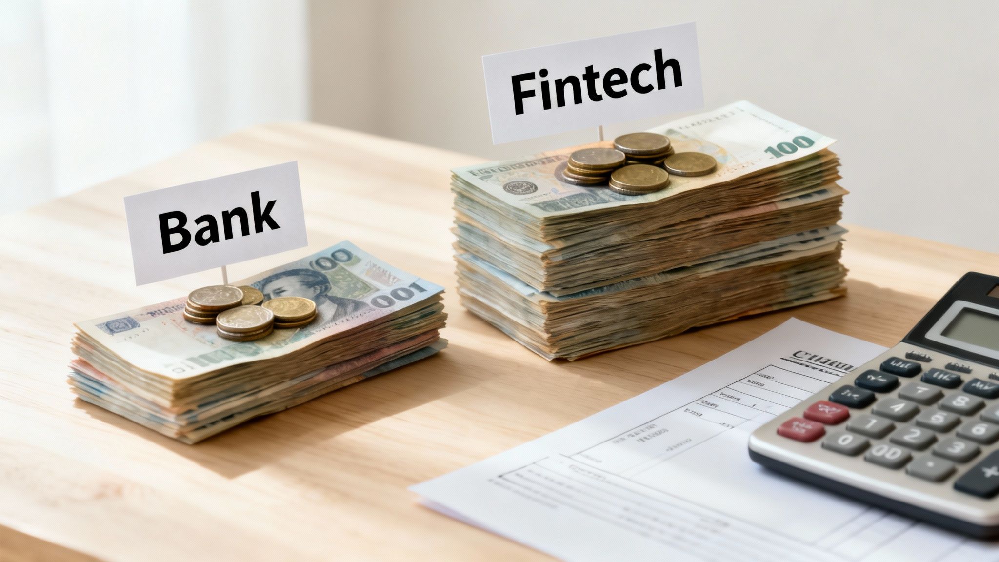 Stacks of money labeled 'Bank' and 'Fintech' on a wooden table with a calculator, illustrating financial comparison.