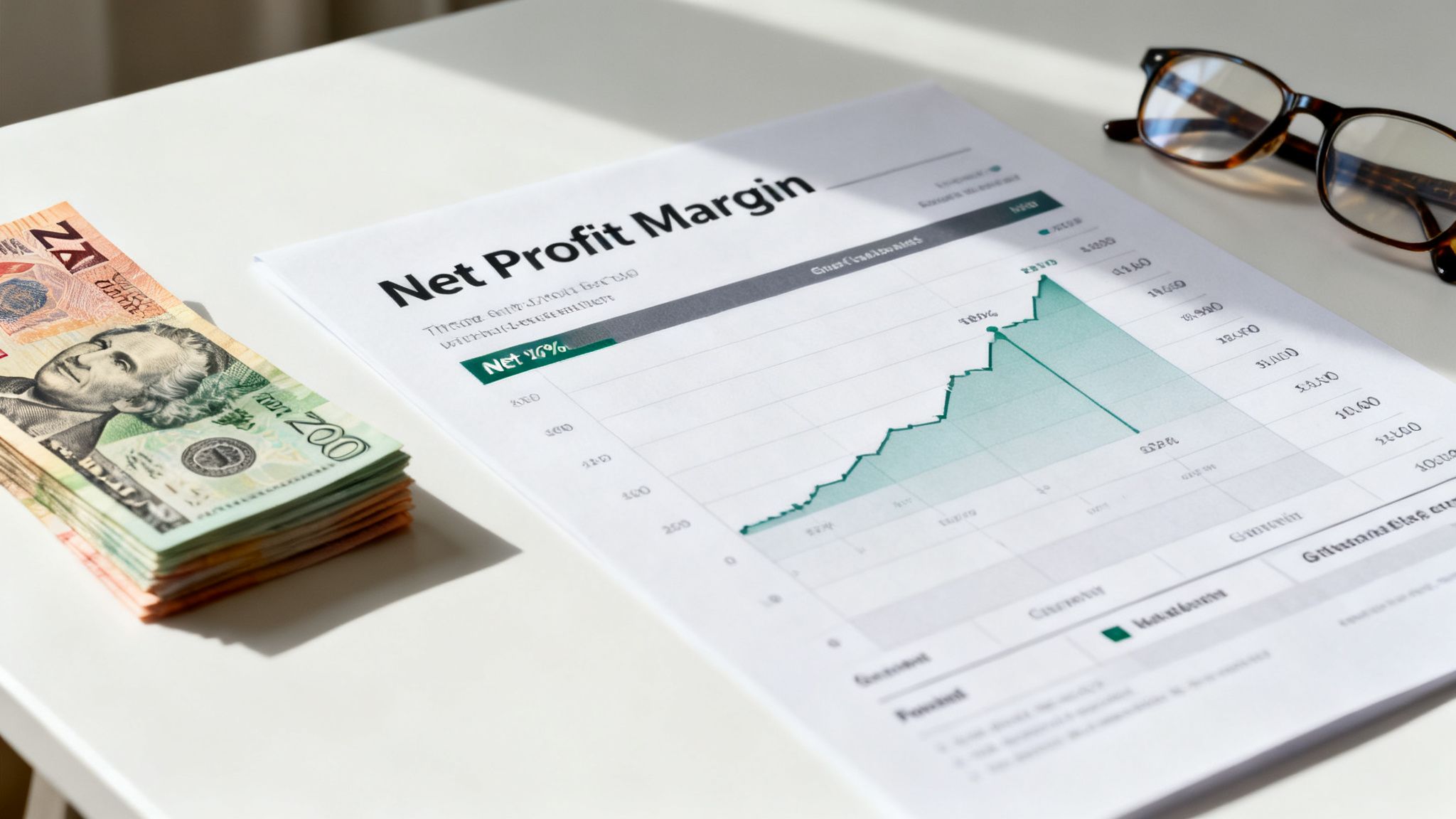 A document titled 'Net Profit Margin' with a growing graph, money, and eyeglasses on a white table.