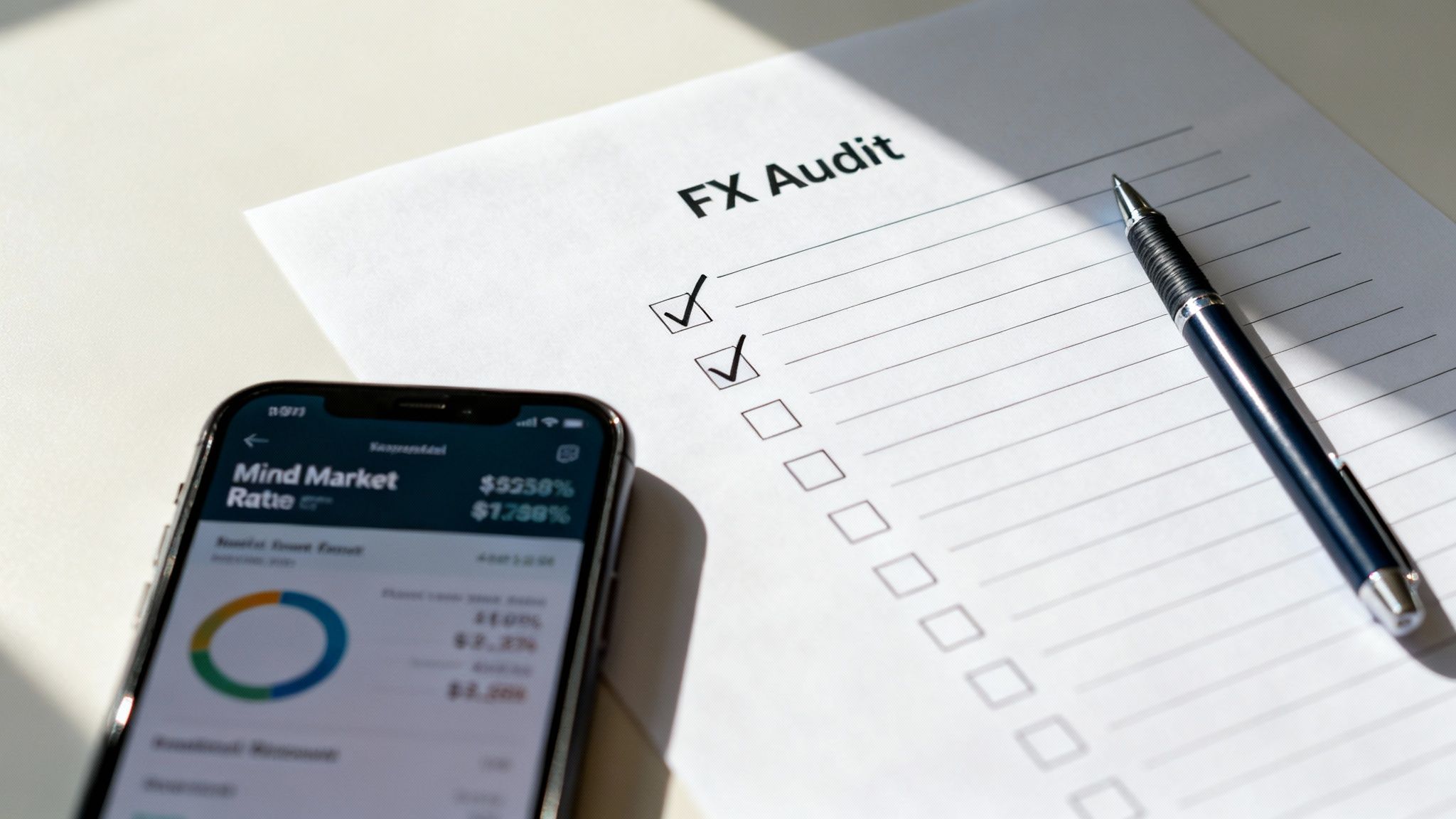 A smartphone displaying market ratios and financial data next to an FX Audit checklist with a pen.