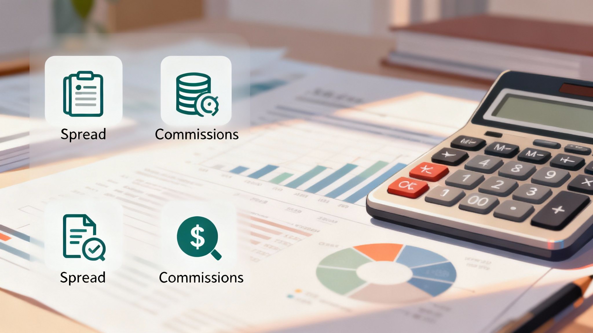 A magnifying glass hovering over a coin, symbolising the inspection of hidden trading costs like spreads and commissions.