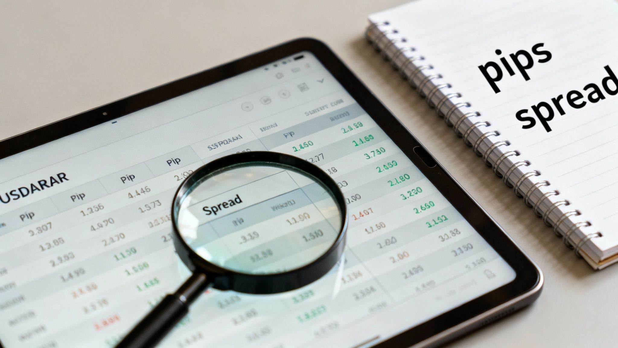 A tablet showing financial data with a magnifying glass on 'Spread', next to a notebook with 'pips spread' written on it.