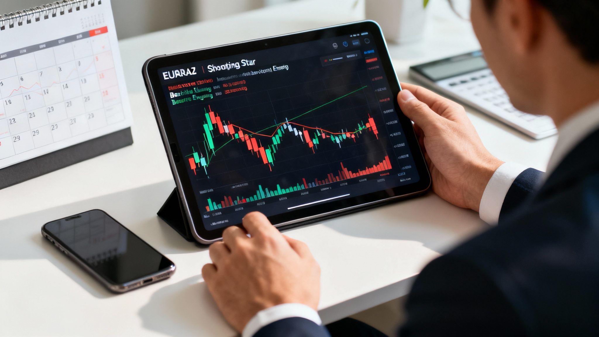 A businessman reviews a forex candlestick chart on a tablet, with a phone and calendar on the desk.