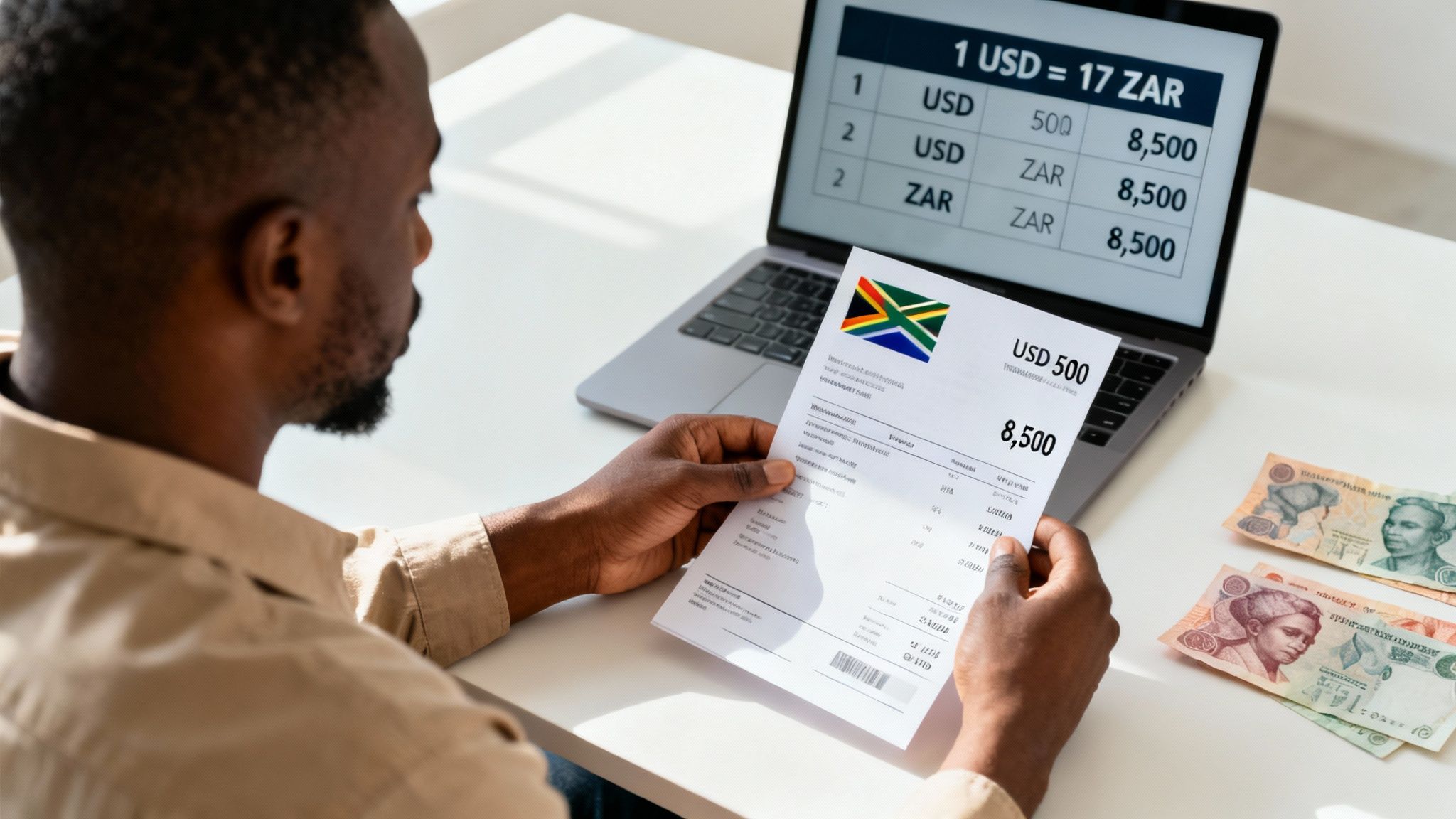 Man reviews a currency exchange document for USD to South African Rand on a laptop.