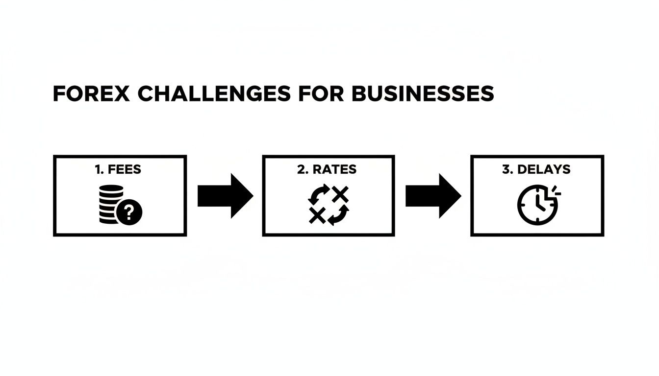 A diagram illustrating three Forex challenges for businesses: fees, rates, and delays, with corresponding icons.