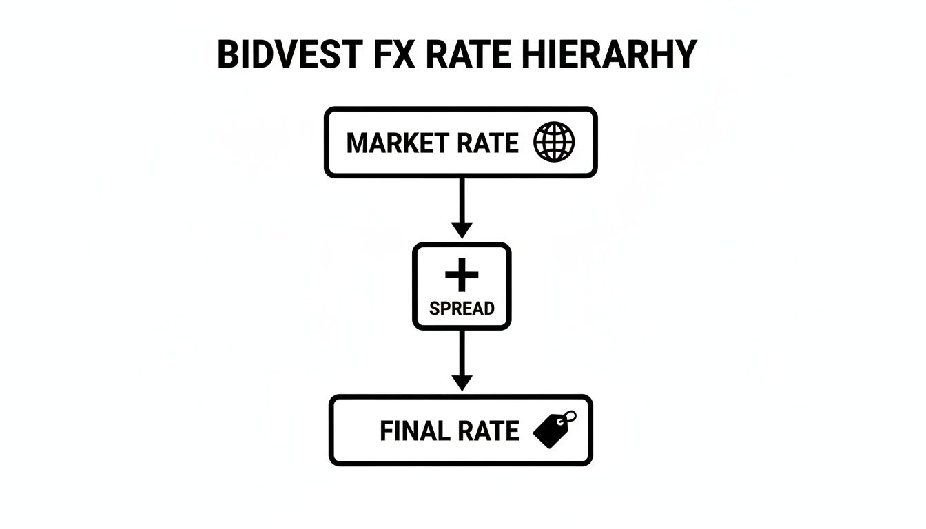 A flowchart illustrates Bidvest FX rate hierarchy: Market Rate plus Spread equals Final Rate.