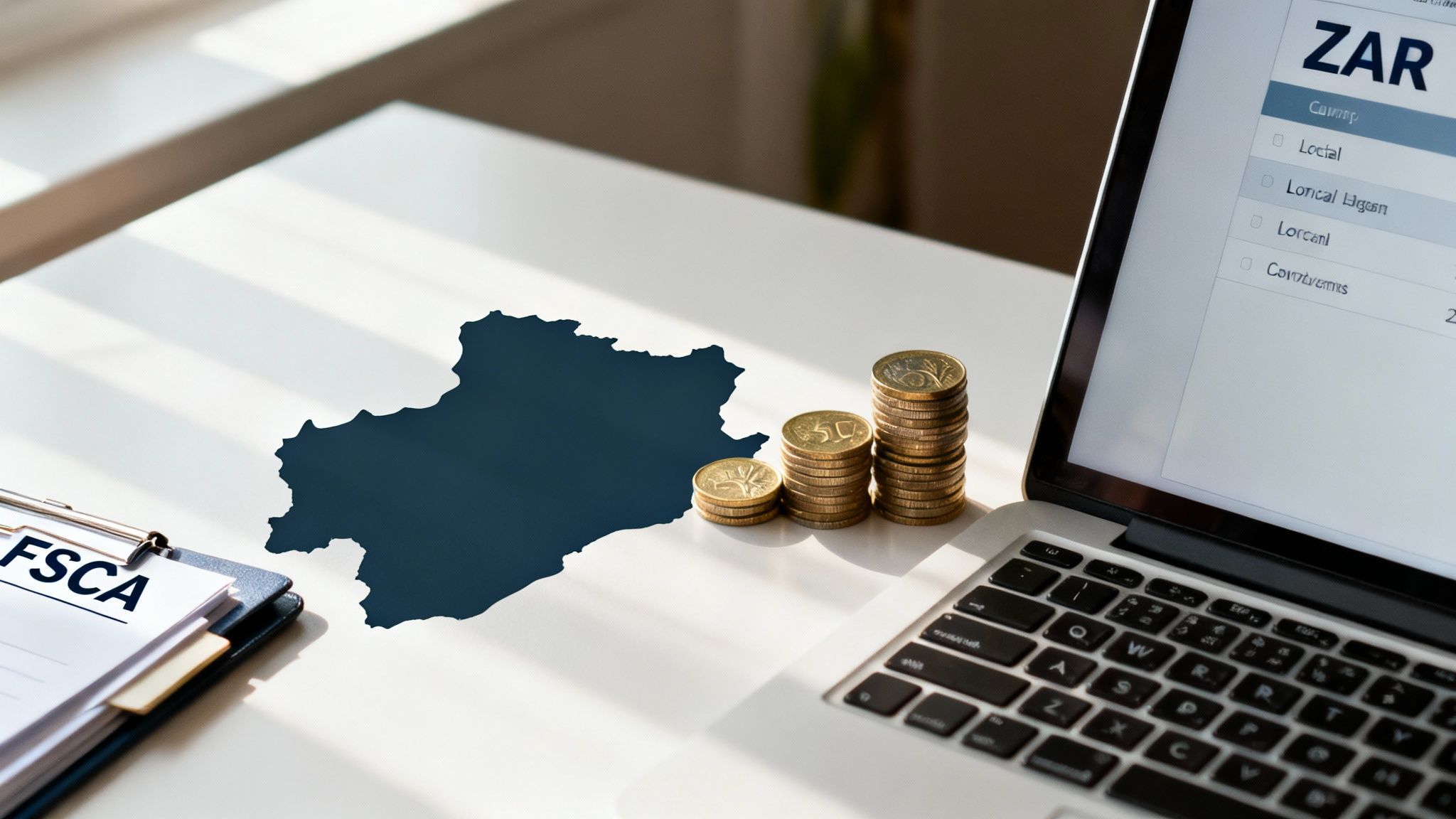 A desk setup featuring a laptop displaying ZAR financial data, stacked coins, a map, and an FSCA document.