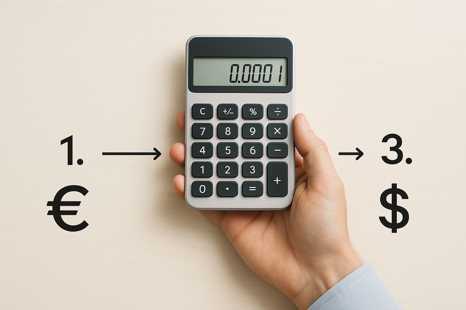 A hand holding a calculator showing “0.0001” next to euro and dollar symbols.