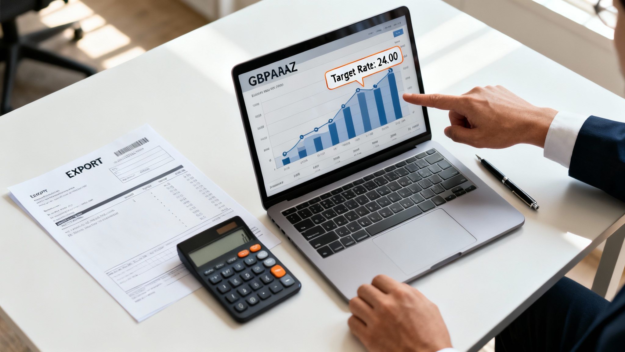 A businessman pointing at a laptop screen displaying a GBP ZAR exchange rate graph with a target rate.
