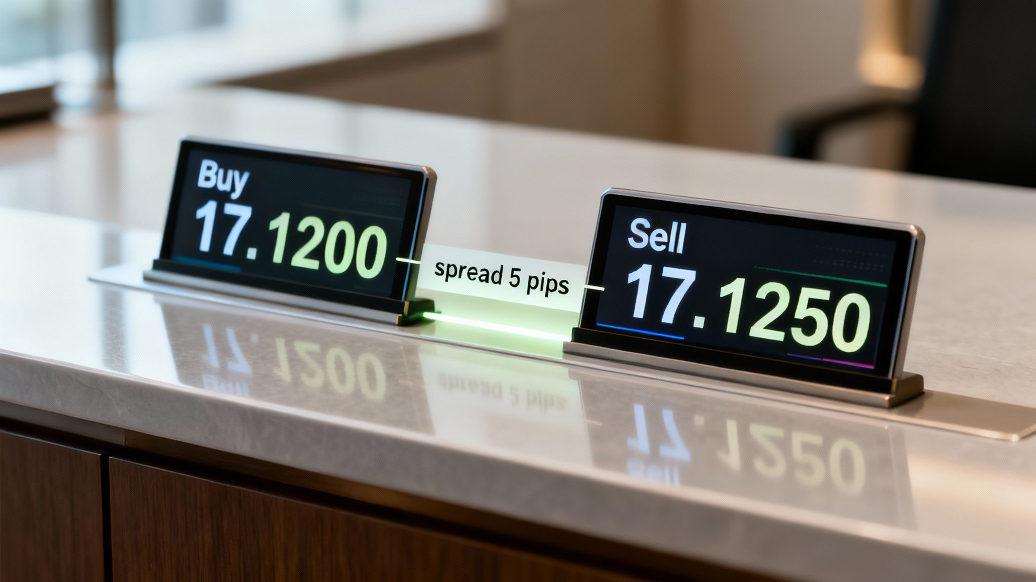 Digital displays show currency exchange rates with buy and sell prices, indicating a 5 pip spread.