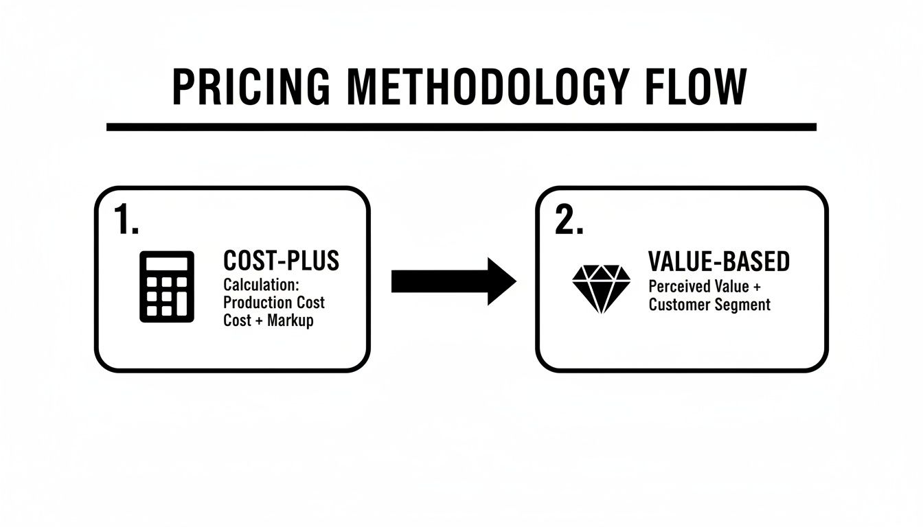 A flow diagram illustrating pricing methodologies: Cost-Plus (Production Cost + Markup) leading to Value-Based (Perceived Value + Customer Segment).