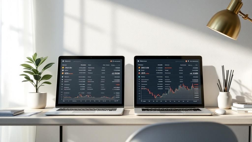 Image of a person working on a laptop with graphs related to foreign exchange on the screen.