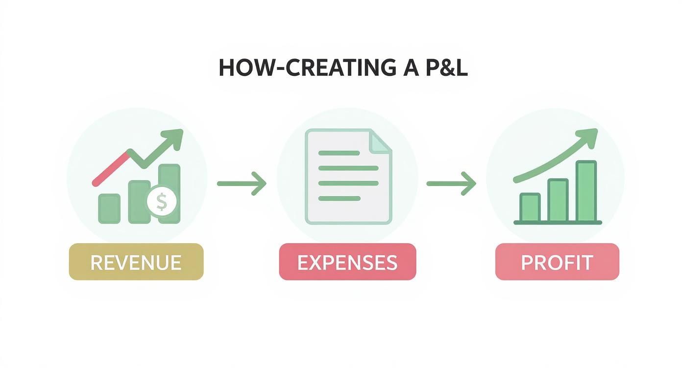 Infographic showing a process flow for creating a P&L, starting with Revenue (dollar sign icon), then Expenses (receipt icon), and finally Profit (upward arrow icon).