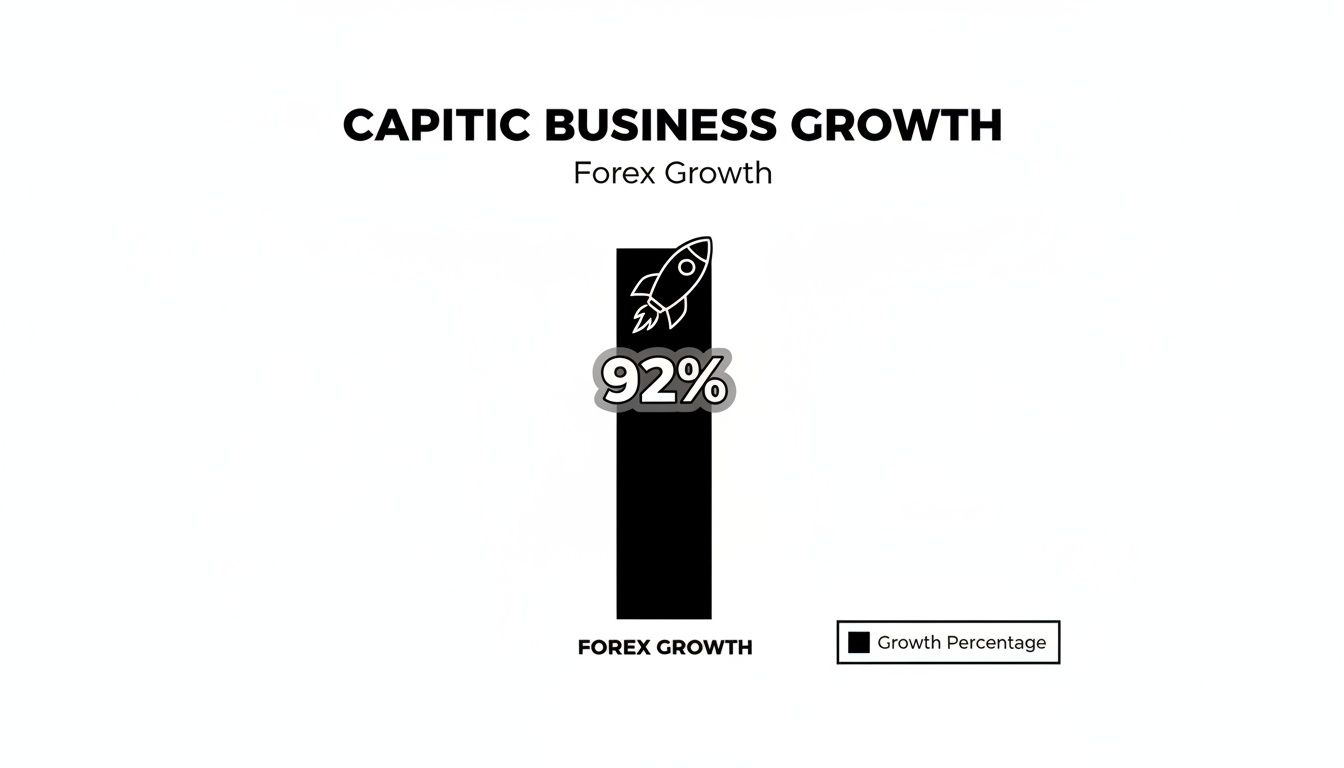 Infographic showing Capitec Business Growth with 92% Forex growth represented by a bar and rocket.