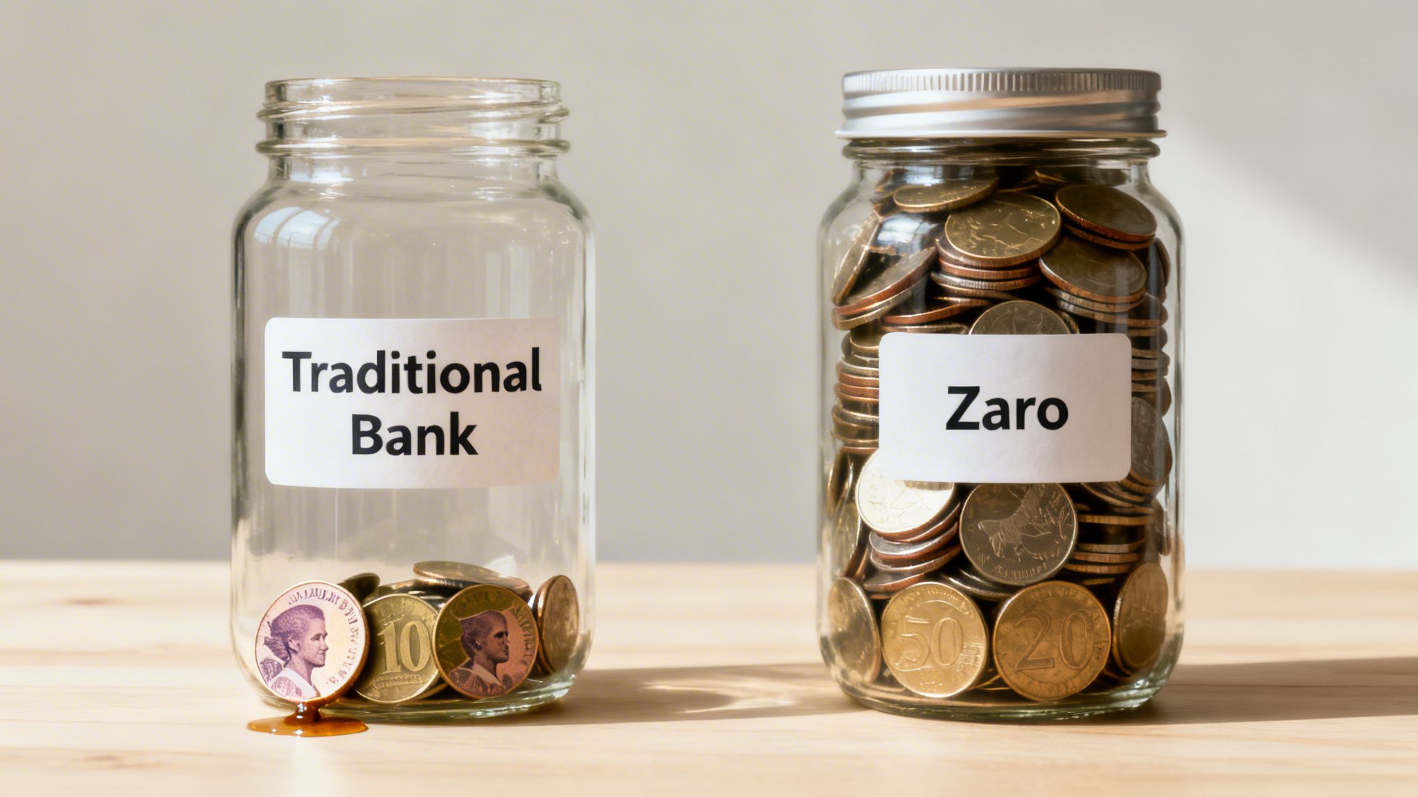 A visual comparison of two jars: Traditional Bank with few coins and Zaro with many coins.