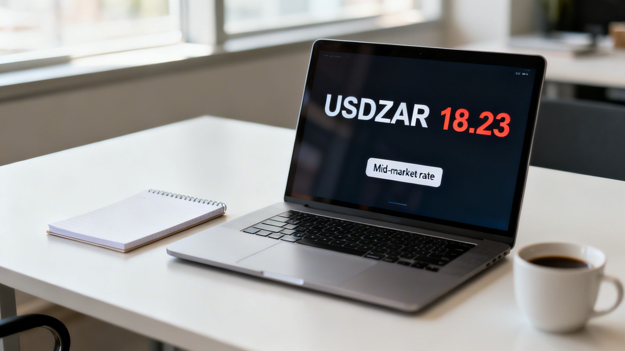 A laptop on a white desk displays USDZAR exchange rate 18.23, with a notepad and coffee.