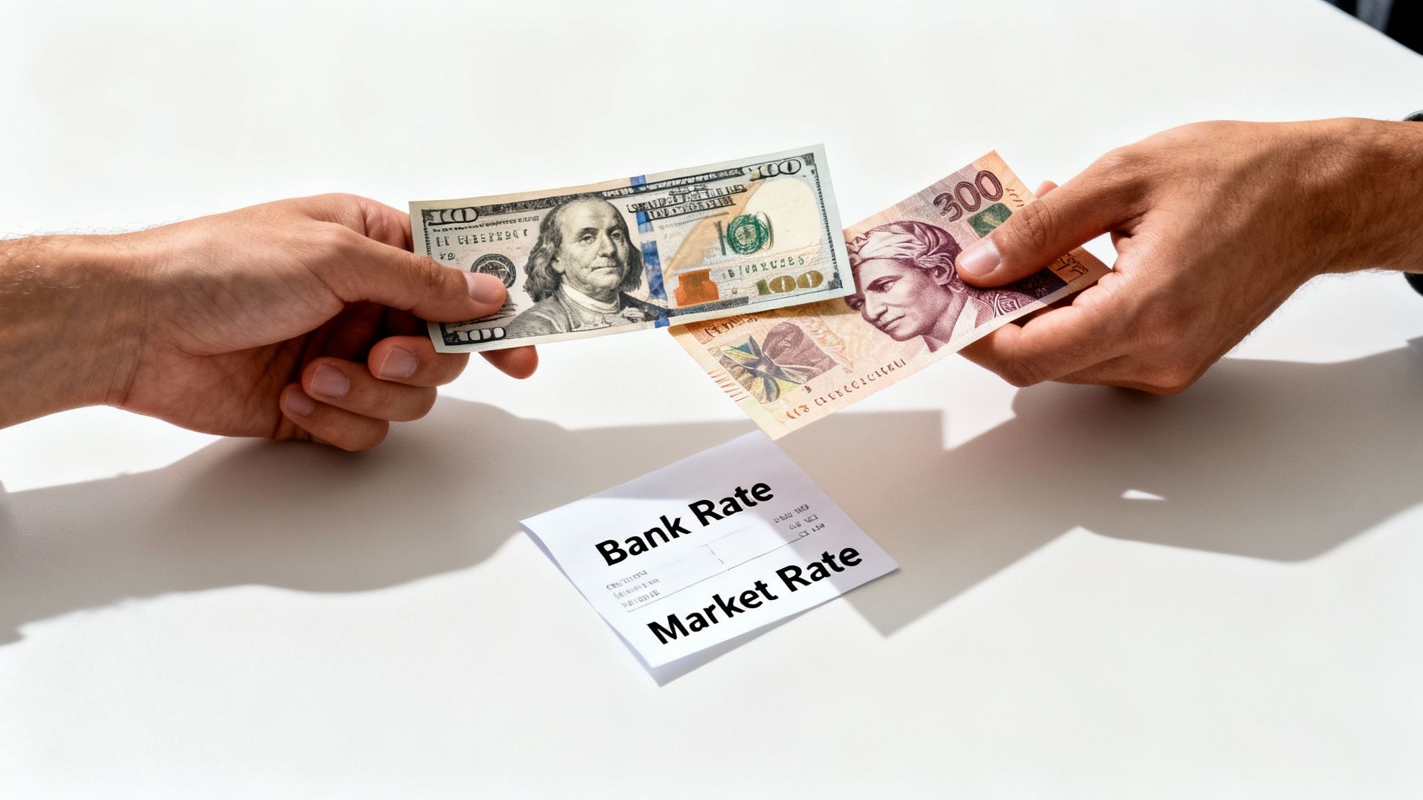 Two hands exchanging a US hundred dollar bill for foreign currency above a paper with 'Bank Rate' and 'Market Rate'.