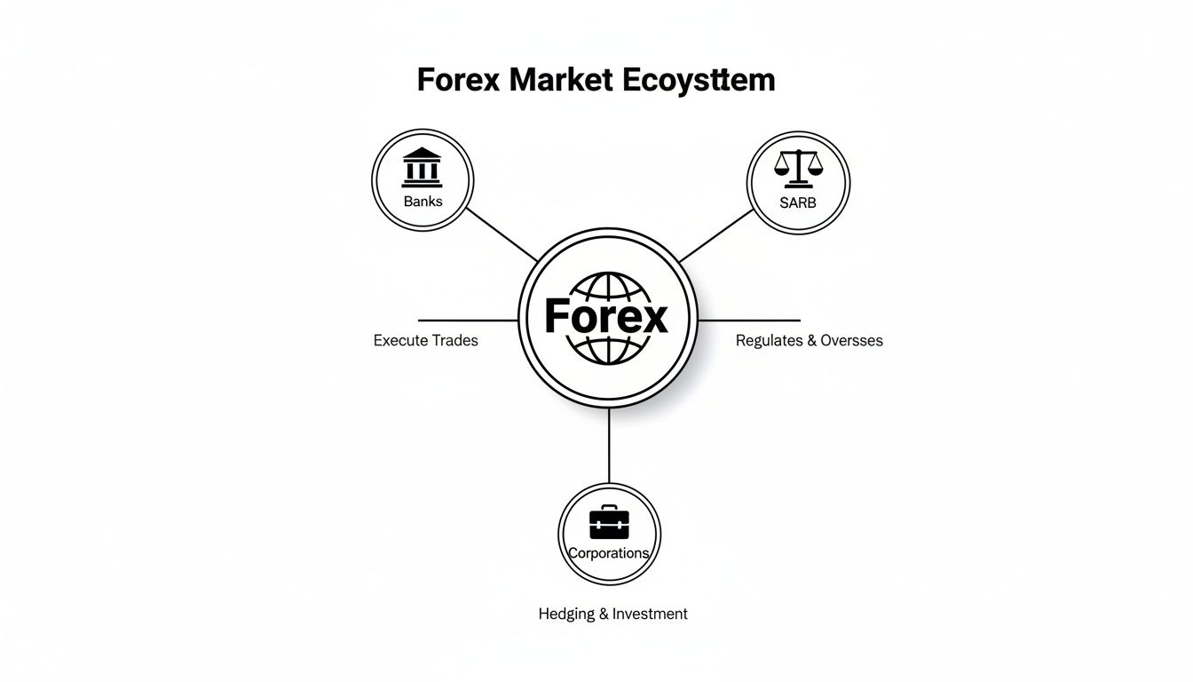 Forex market ecosystem diagram with key players: Banks, SARB, and Corporations, and their functions.
