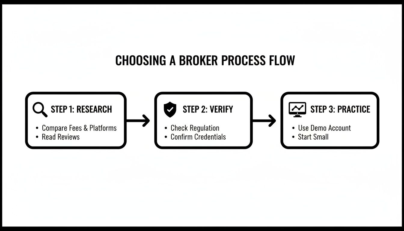 A process flow diagram showing three steps for choosing a broker: research, verify, and practice.